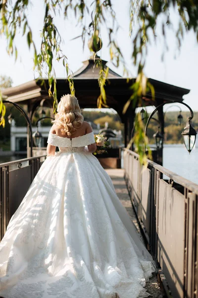 Bride in a white wedding dress with a long train is standing in a green park, in the background there are mountains and a lake — 스톡 사진