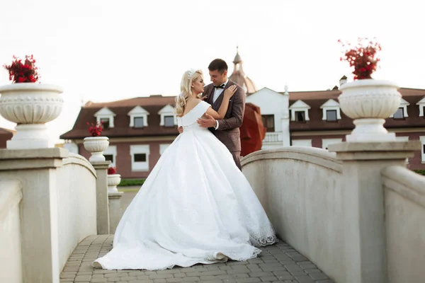 Mariage photoshoot beau couple mariée et marié long voile et robe blanche sur fond de montagnes lac cérémonie luxe belle journée ensoleillée — Photo