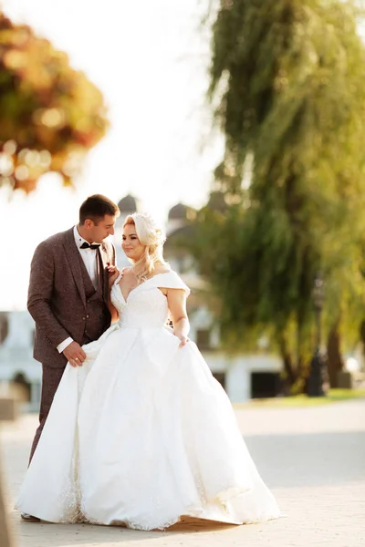 Bride Groom Walk Together Park Charming Bride White Dress Groom — 스톡 사진