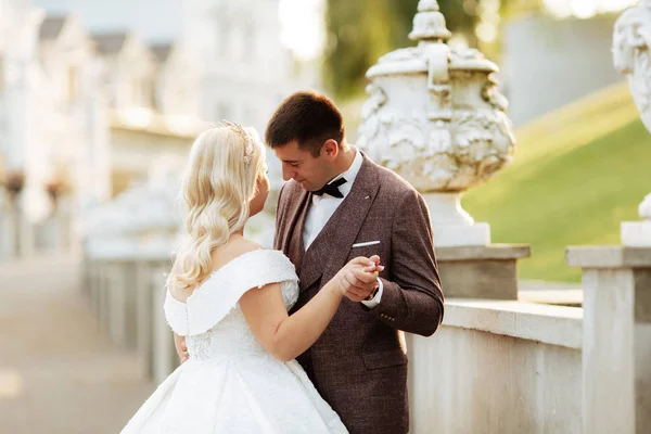 Novia Novio Caminan Juntos Parque Encantadora Novia Vestido Blanco Novio — Foto de Stock