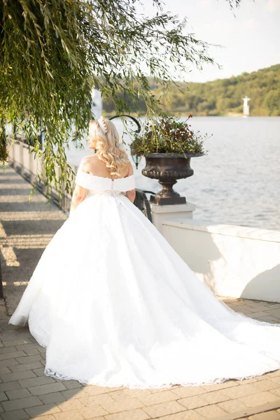 典型的欧式婚礼 快乐的新娘在湖上的码头上 — 图库照片