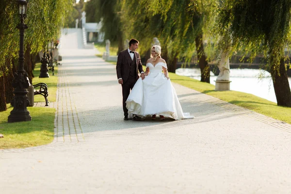 Просто Одружився Люблячою Парою Хіпстерів Весільній Сукні Костюмі Зеленому Полі — стокове фото