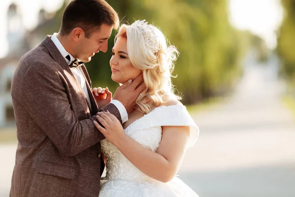 Novia Novio Caminan Juntos Parque Encantadora Novia Vestido Blanco Novio — Foto de Stock