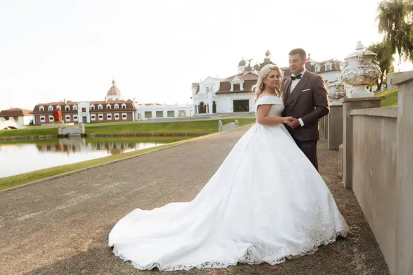 Gli Sposi Camminano Insieme Nel Parco Affascinante Sposa Abito Bianco — Foto Stock