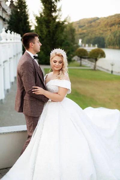 Novia Novio Caminan Juntos Parque Encantadora Novia Vestido Blanco Novio — Foto de Stock