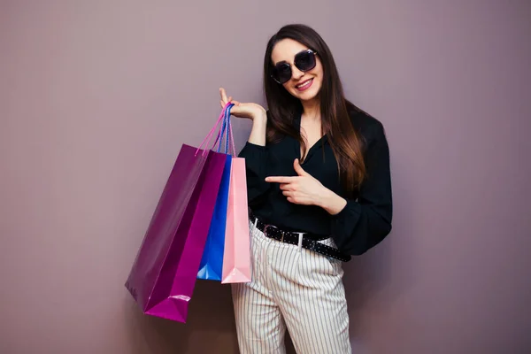 Image Amazing Young Brunette Woman Sunglasses Posing Shopping Bags Looking — Stock Photo, Image