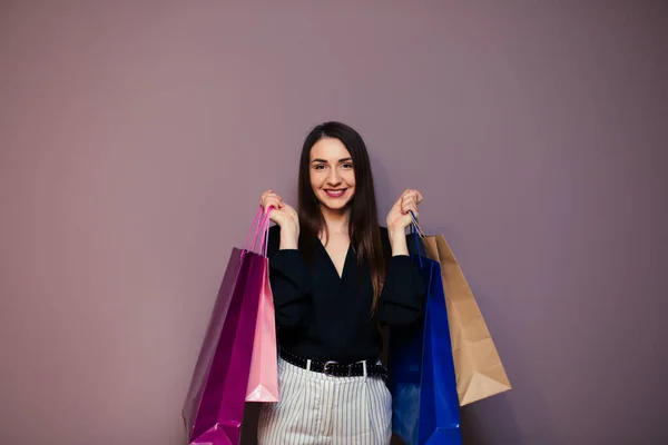 Portrait Happy Young Cute Woman Posing Shopping Bags Purple Background — Stock Photo, Image