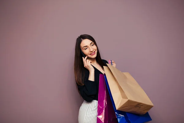 Stunning Happy Girl Long Brown Hair Standing Colorful Shopping Bags — Stock Photo, Image