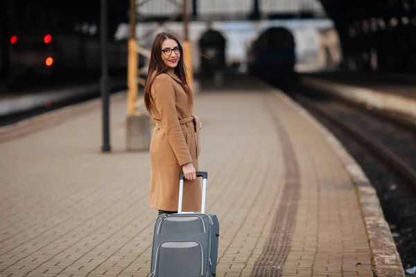 Full Length Portrait Smiling Successful Businesswoman Standing Train Station — Stock Photo, Image