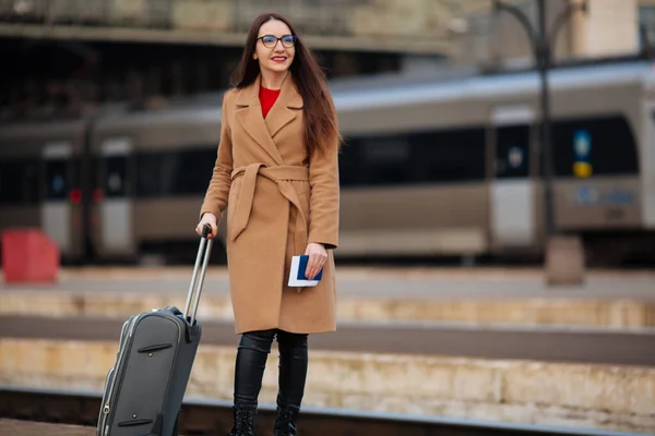 Full Length Portrait Smiling Successful Businesswoman Standing Train Station — Stock Photo, Image