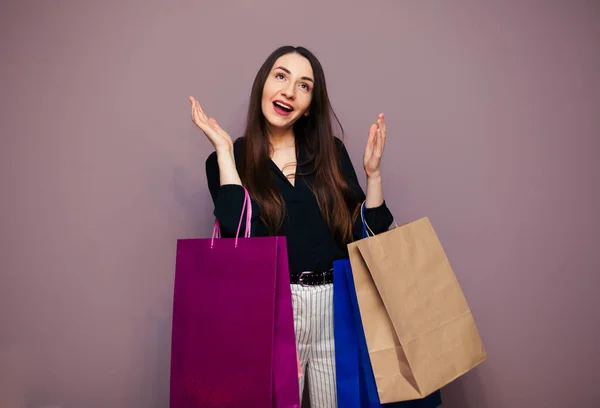 Black Friday Sale Concept Store Shopping Woman Sunglasses Holding Bag — Stock Photo, Image