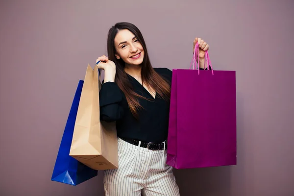 Retrato Elegante Lindo Jovem Morena Comprador — Fotografia de Stock