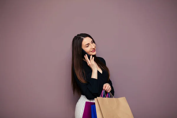 Stunning Happy Girl Long Brown Hair Standing Colorful Shopping Bags — Stock Photo, Image