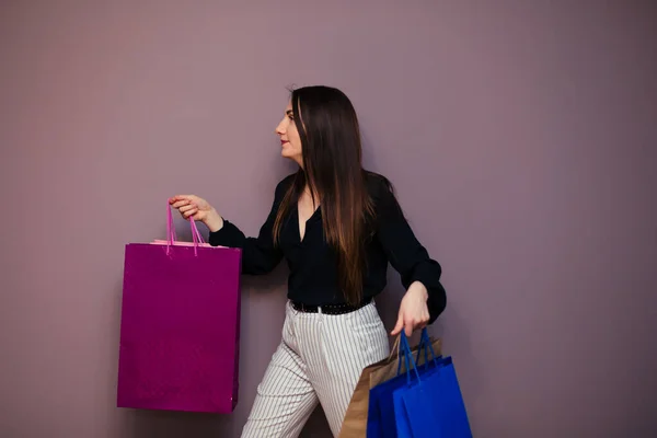 Portrait Happy Brunette Paperbags Shopping — Stock Photo, Image