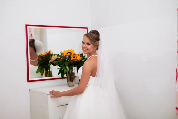 Elegant Beautiful Bride Home Standing Window — Stock Photo, Image