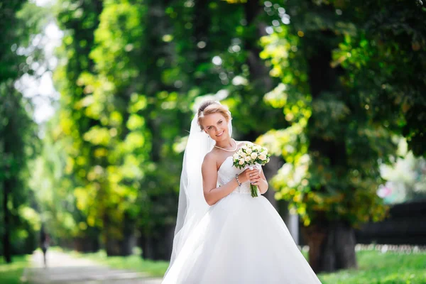 lovely blond summer wedding couple in sunny weather.