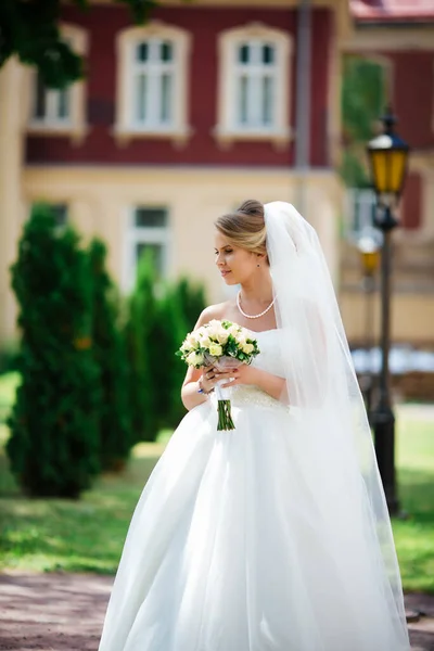 Schöne Braut Feiert Hochzeitstag Herbst — Stockfoto