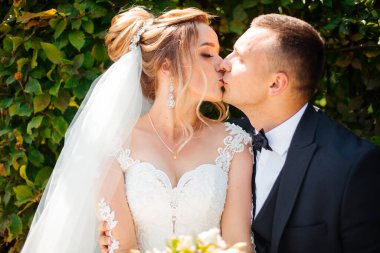 Parktaki gelin ve damat öpüşüyor. Doğadaki bir düğünde gelin ve damat öpüşüyor. Düğün çifti..