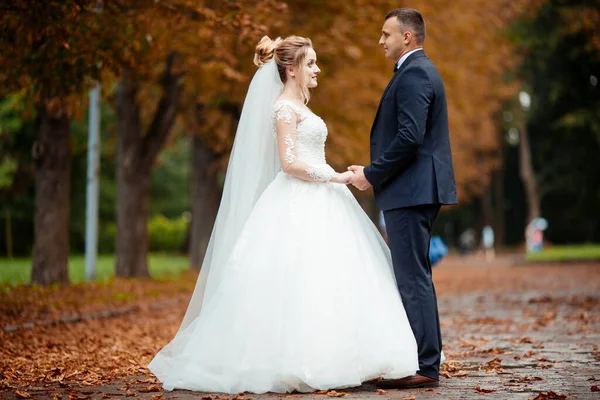 Dia Casamento Noiva Bonita Elegante Noivo Andando Após Luxo Casamento — Fotografia de Stock