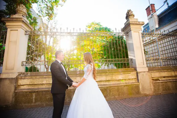 Bride Bridegroom Walking Cobbled Street — Stock Photo, Image