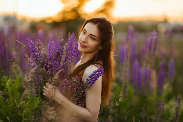 Young Beautiful Girl Holding Large Flower Purple Lupine Flowering Field — Stock Photo, Image