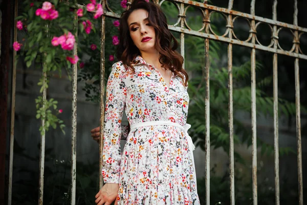 Hermosa Chica Campo Flores Hermoso Vestido — Foto de Stock