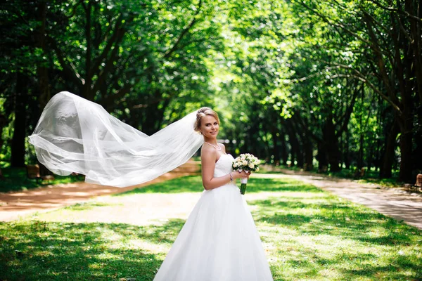 Schöne Braut Mode Hochzeitskleid Auf Natürlichem Hintergrund Die Atemberaubende Junge — Stockfoto