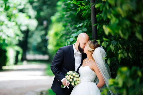 ヨーロッパの花嫁と新郎は公園でキス — ストック写真