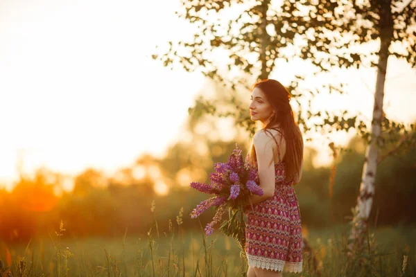 Young Beautiful Girl Holding Large Flower Purple Lupine Flowering Field — Stock Photo, Image