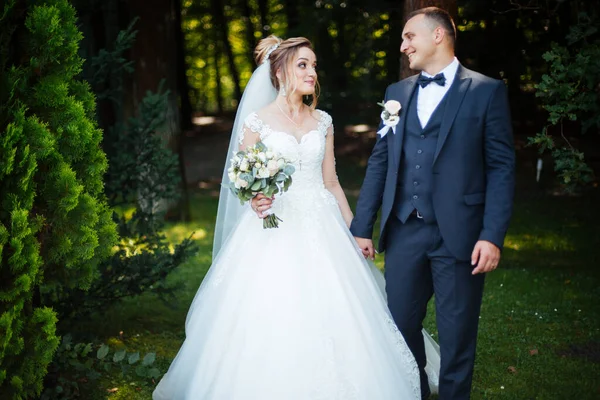 Gli Sposi Camminano Insieme Nel Parco Affascinante Sposa Abito Bianco — Foto Stock