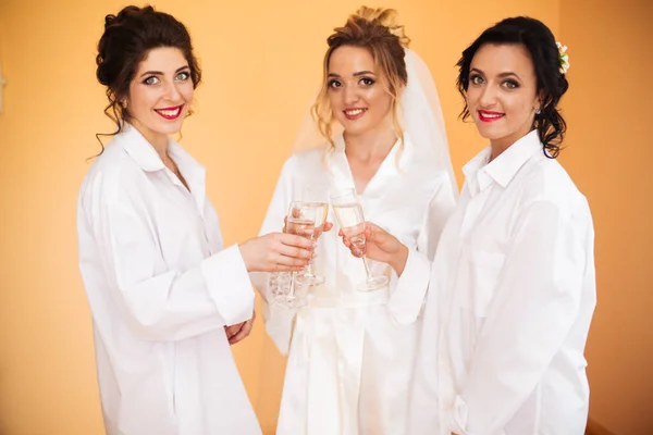Menyasszonyok Koszorúslányok Ünneplik Lánybúcsút Hálószobában Boldog Nők Barátai Ülnek Ágyon — Stock Fotó