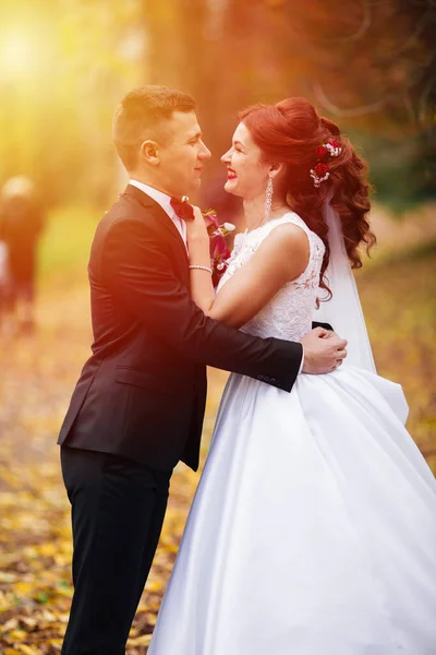 公園の花嫁と新郎 緑の森の結婚式で新郎 カップル — ストック写真