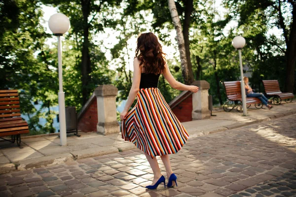 Brunette Walks Streets Lviv Beautiful Long Dress — Stock Photo, Image
