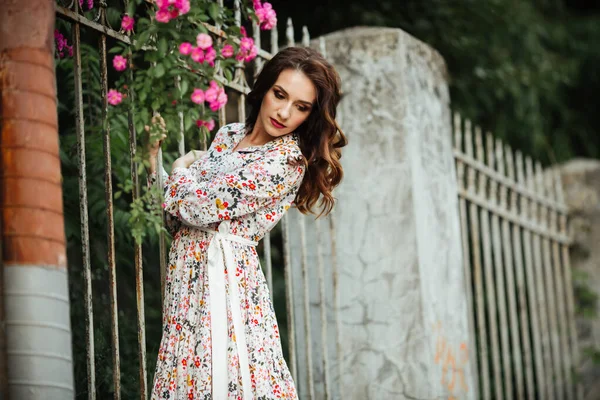 Menina Bonita Campo Flores Vestido Bonito — Fotografia de Stock