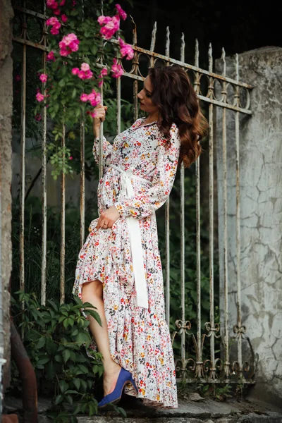 Menina Bonito Vestido Bonito Cabelo Castanho — Fotografia de Stock