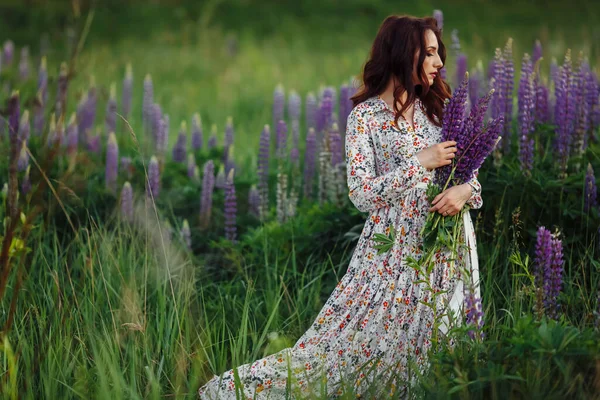 Menina Bonito Vestido Bonito Cabelo Castanho — Fotografia de Stock