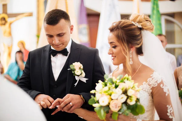 Wedding Couple Indoors Hugging Each Other Beautiful Model Girl White — Stock Photo, Image