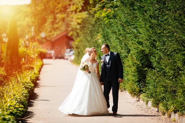 Gelin Damat Parkta Birlikte Yürürler Beyaz Elbiseli Çekici Gelin Damat — Stok fotoğraf