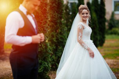 Parktaki gelin ve damat öpüşüyor. Doğadaki bir düğünde gelin ve damat öpüşüyor. Düğün çifti..
