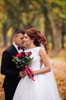 Gelin ve damat parkta. Doğa Yeşili Ormanı 'ndaki düğünde damat. Çift