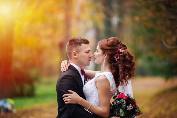 Bride and groom in the park. groom at wedding in nature green forest. Couple
