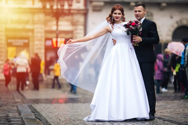 Gyönyörű Menyasszony Vőlegény Oroszlánban Ünnepeljék Esküvőjük Napját — Stock Fotó