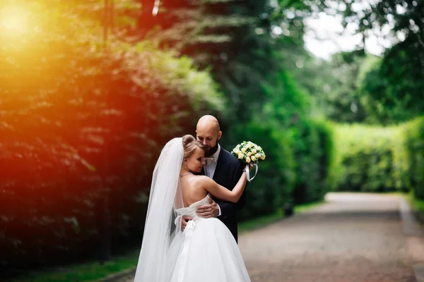 Düğün Çifti Güzel Genç Gelin Damat Parkta Ele Tutuşup Gülümsüyorlar — Stok fotoğraf