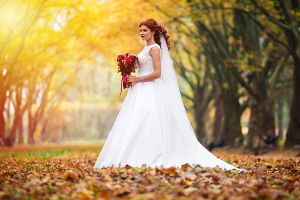 Молодая Невеста Свадебном Платье Гуляет Парку Белое Роскошное Платье Моды — стоковое фото