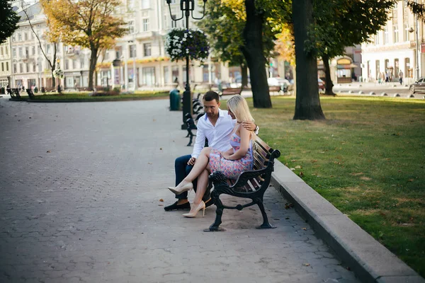 Smiling couple in love outdoors, lviv. summer — Stock Photo, Image