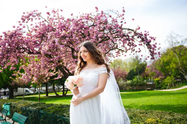 Bride posing near sakura in paris. wedding — Stock Photo, Image