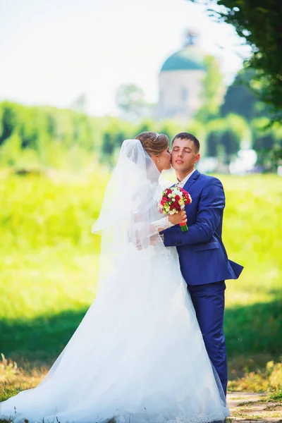 Mariée et marié dans le parc s'embrassant. mariage dans la nature forêt verte baisers — Photo