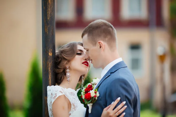 Couple de mariage, jeunes mariés heureux et mari étreignant dans le parc vert . — Photo