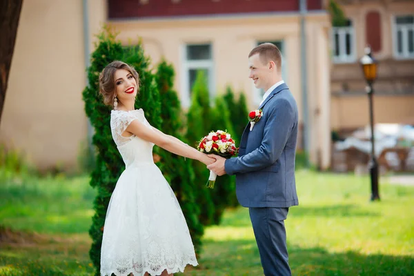 Fabelhaftes junges Hochzeitspaar posiert an einem sonnigen Tag im Park. — Stockfoto