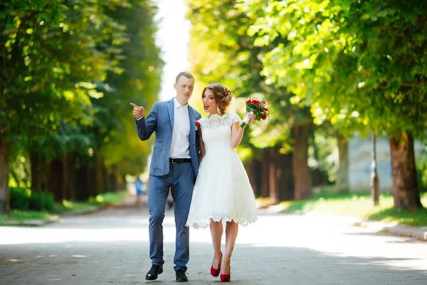 Hochzeit. Junges Paar, frisch verheiratet, Händchen haltend — Stockfoto